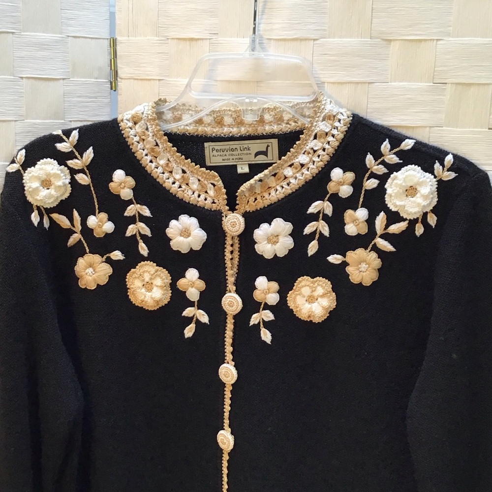 Peruvian Connection Black and Cream Floral Cardigan - Picture 3 of 8